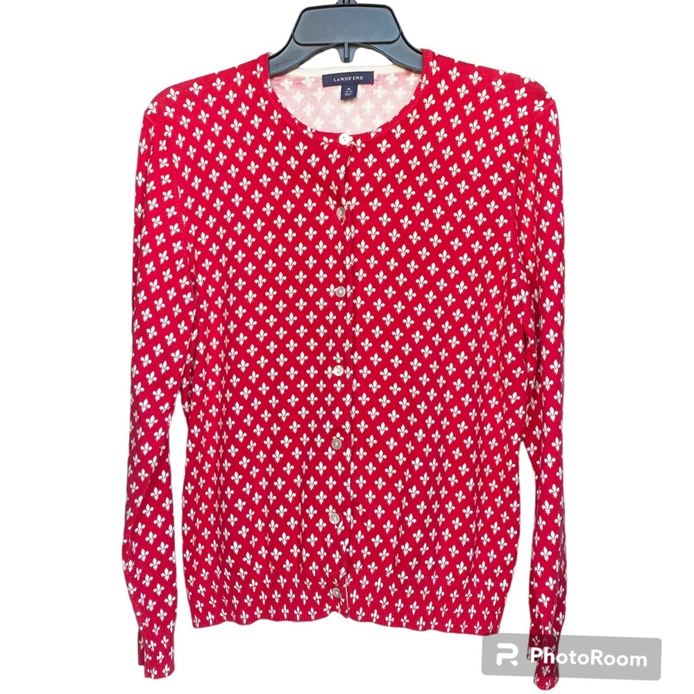 Lands’ End Fleur De Lys Cardigan Red and White Size Medium
